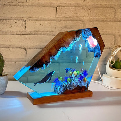 Seabed Exploration Organism Resin Table Light with 2 divers in blue reef scene, wooden base on Tampa Home & Garden Store