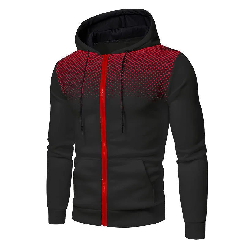 Men's zip up hoodie black with red polka dot upper panel, red zipper, front pockets on Tampa Home & Garden Store
