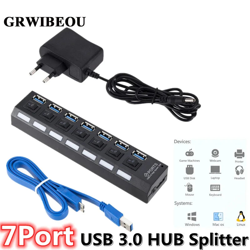 7-Port USB 3.0 Hub by UpTrend Deals, black, with power adapter, USB splitter on Tampa Home & Garden Store