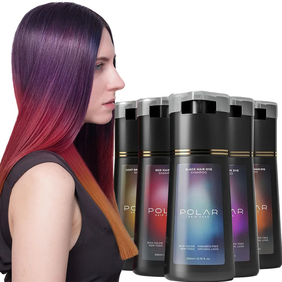 Hair dye shampoo kit Silcy Skin, six 200ml bottles for gray hair, model with purple to pink gradient hair on Tampa Home & Garden Store