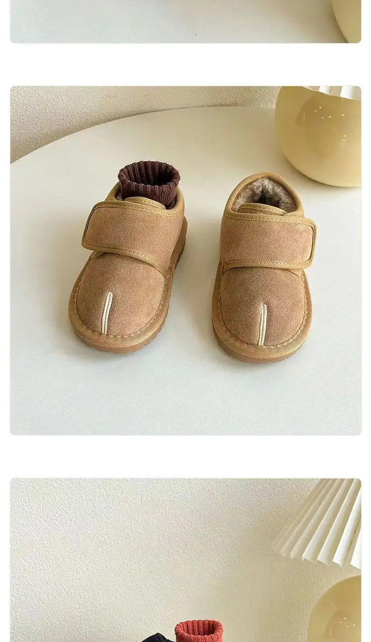 Kids Winter Snow Boots pair tan faux suede plush lining by UpTrend Deals anti-slip sole on Tampa Home & Garden Store