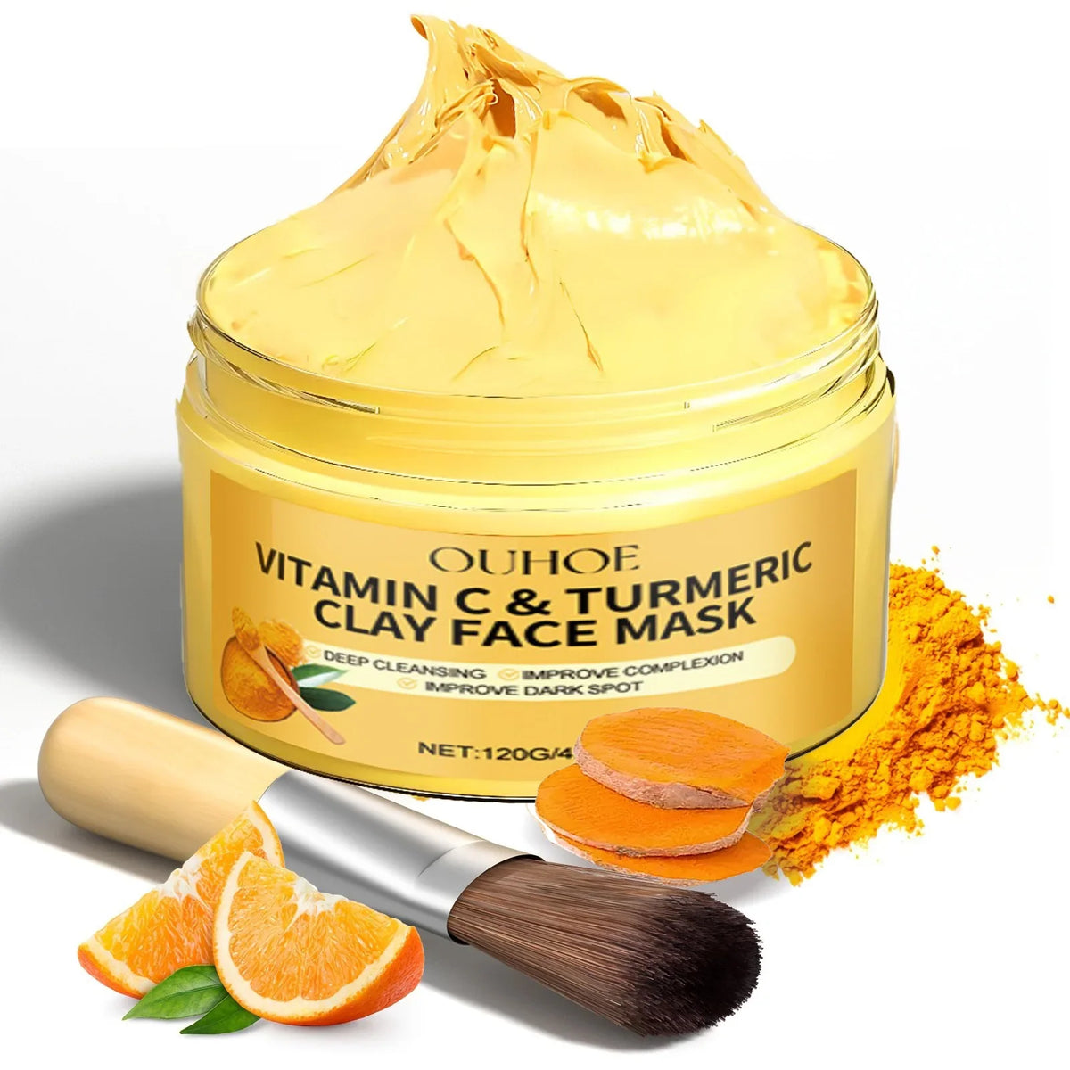 Turmeric Vitamin C Clay Face Mask jar by Silcy Skin, yellow mask with orange slices and a brush on Tampa Home & Garden Store