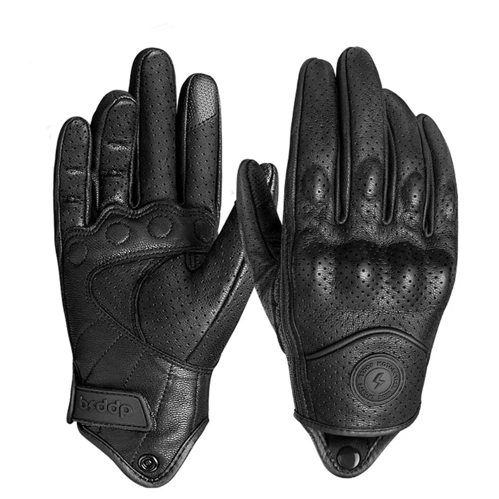 Vintage real leather breathable touch screen motorcycle gloves, black perforated pair on Tampa Home & Garden Store