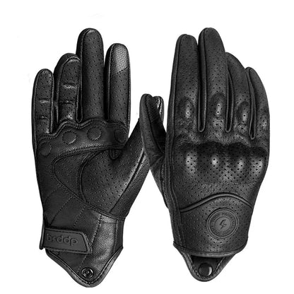 Vintage real leather breathable touch screen motorcycle gloves, black perforated pair on Tampa Home & Garden Store