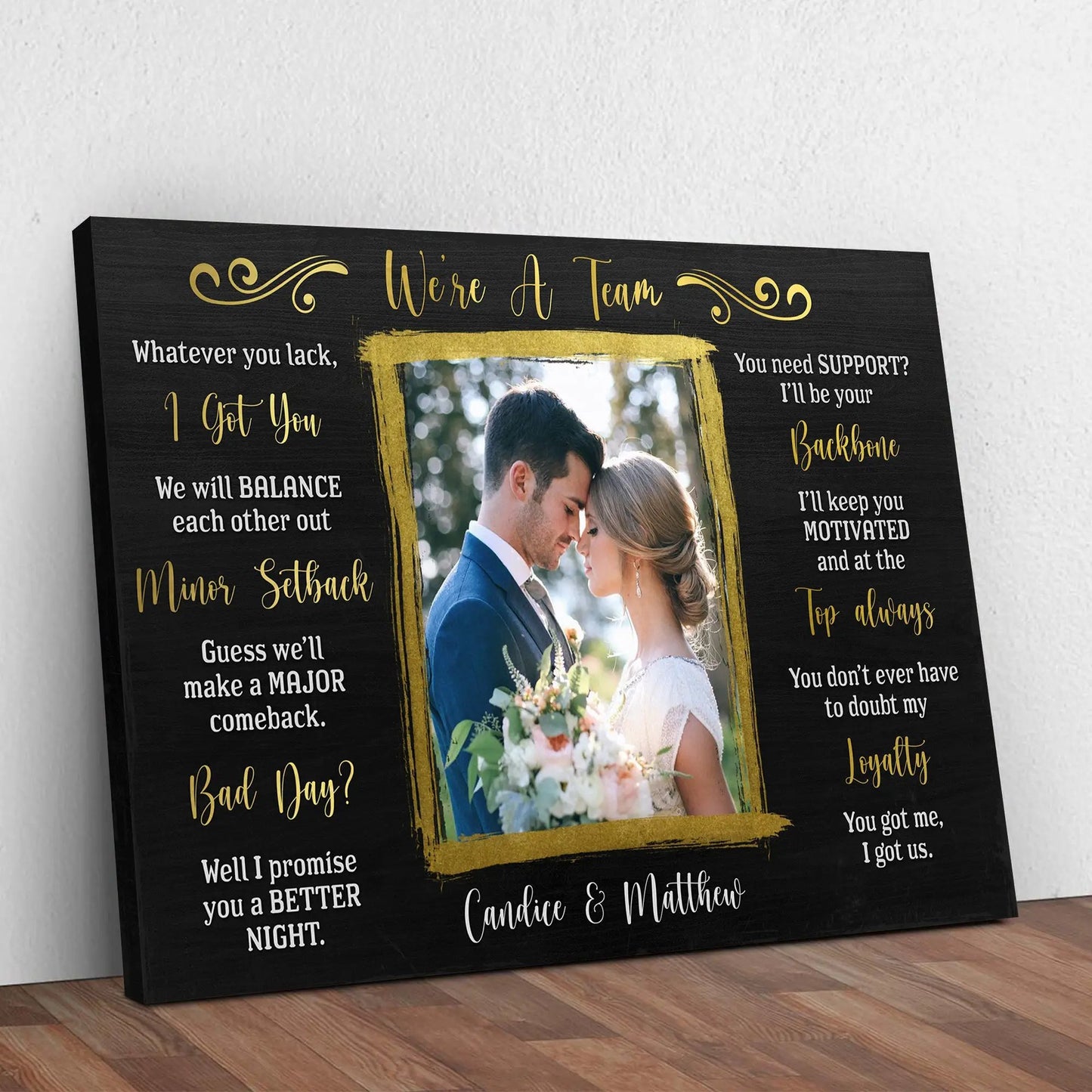 We're A Team couple sign canvas wall art with gold script and photo frame Tailored Canvases on Tampa Home & Garden Store