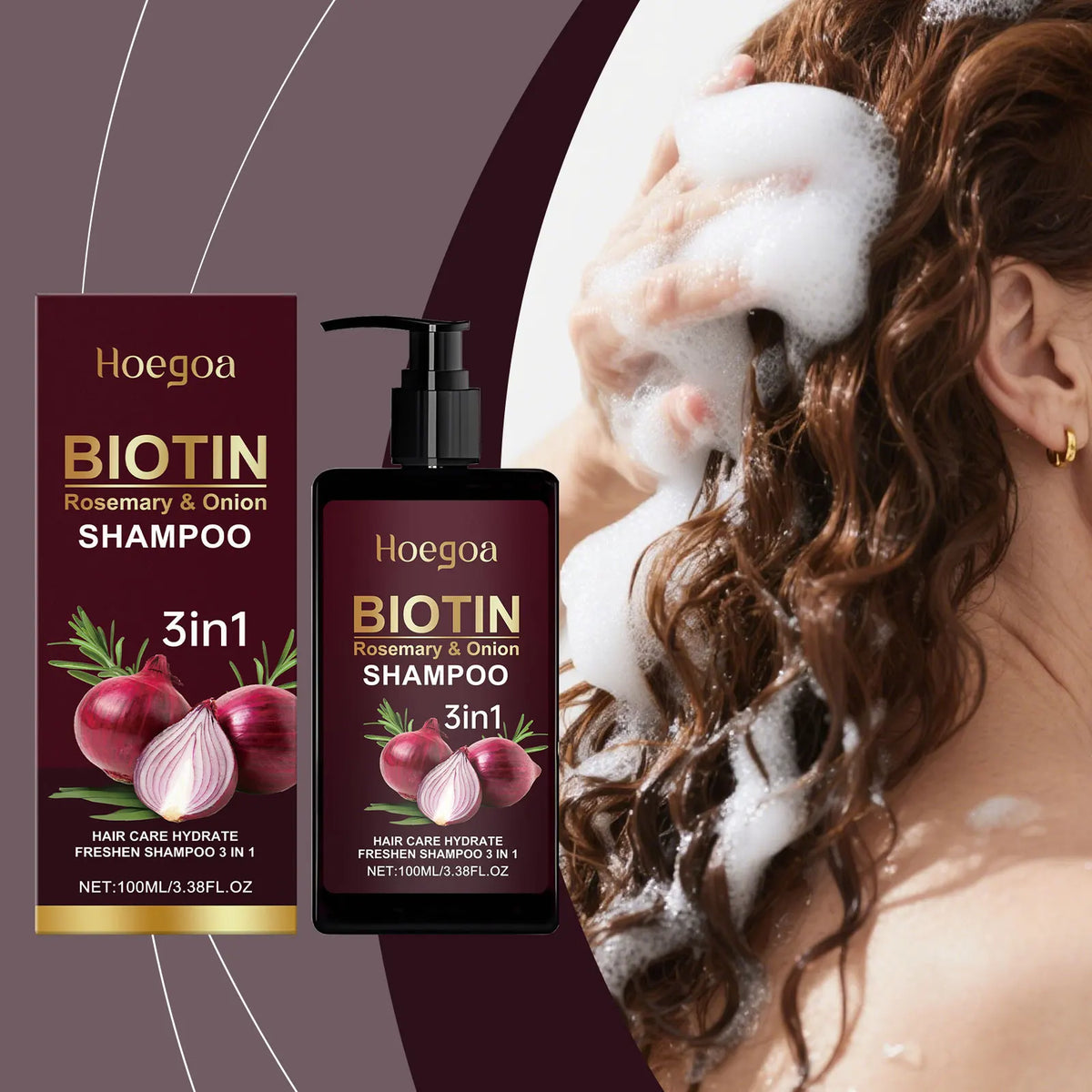 Hoegoa Biotin Rosemary & Onion Shampoo 3in1 box with red onion artwork and two pump bottles on Tampa Home & Garden Store