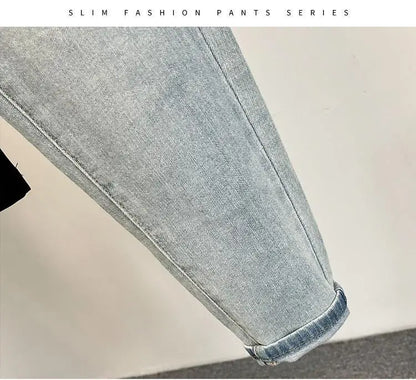 Men skinny jeans light denim with rolled cuffs, slim fit casual denim by UpTrend Deals on Tampa Home & Garden Store