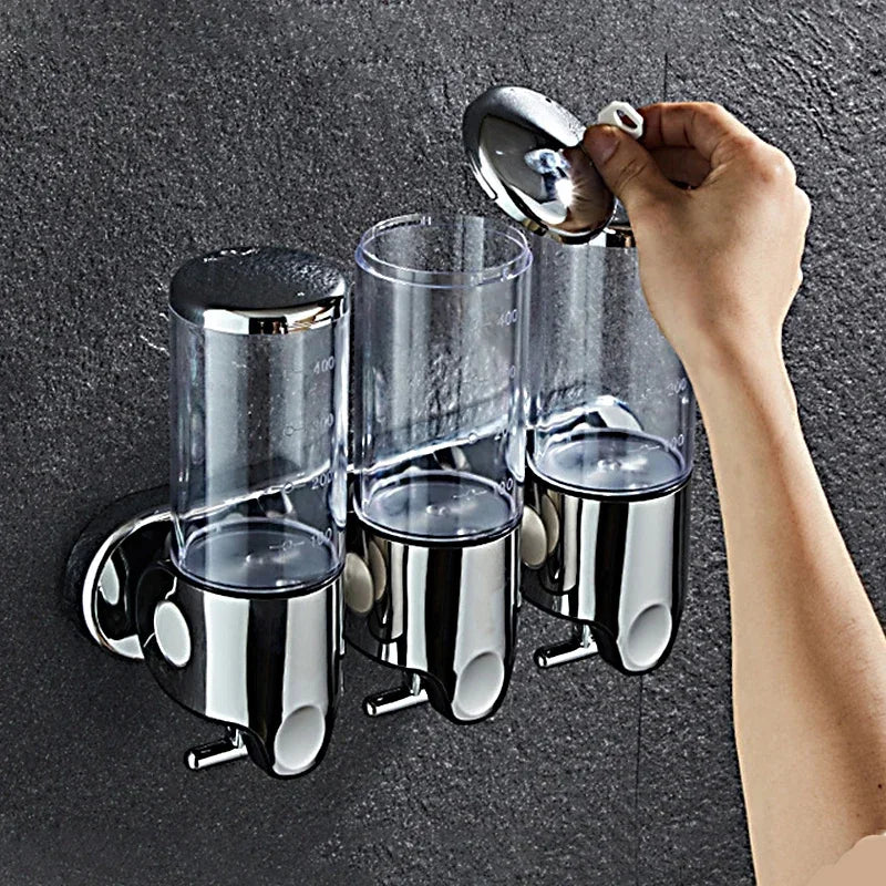 Wall mounted shampoo and soap dispenser, 3-tube chrome with clear reservoirs 500-1500ml on Tampa Home & Garden Store