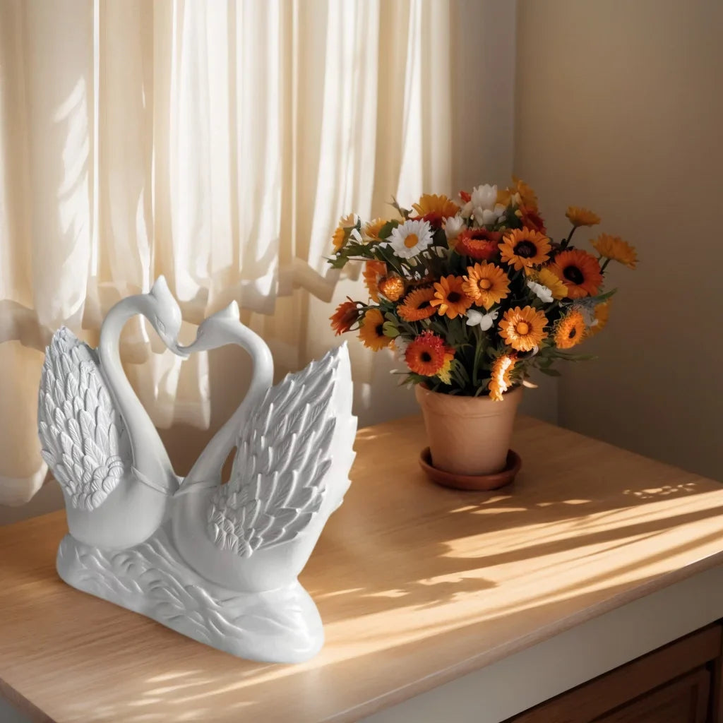 1-piece white heart-to-heart swan couple statue for living room decor with detailed wings on Tampa Home & Garden Store