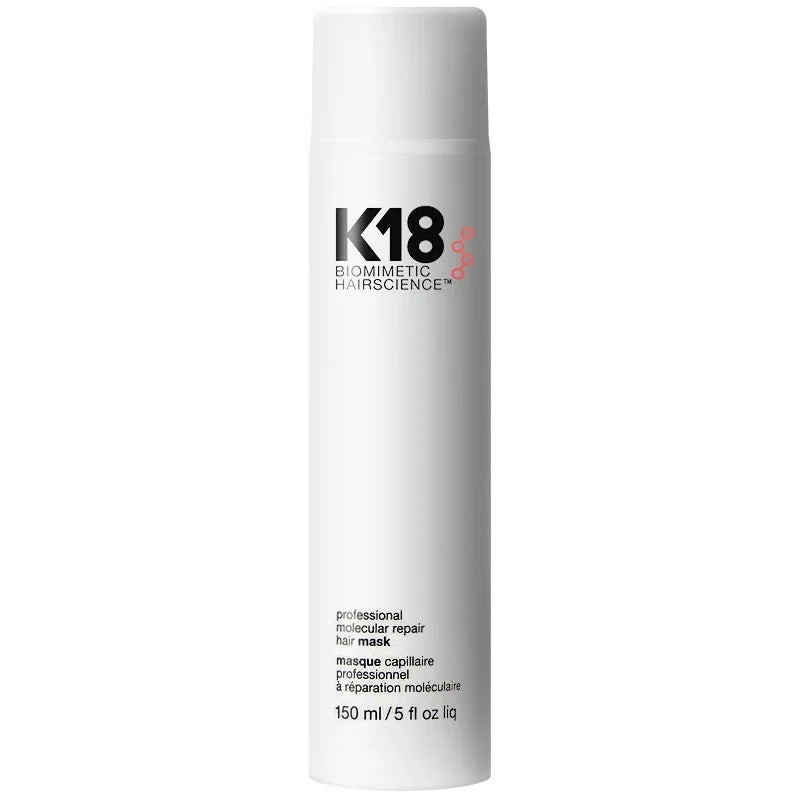 K18 leave-in molecular repair hair mask bottle, white cylindrical container with black K18 logo on Tampa Home & Garden Store