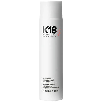 K18 leave-in molecular repair hair mask bottle, white cylindrical container with black K18 logo on Tampa Home & Garden Store