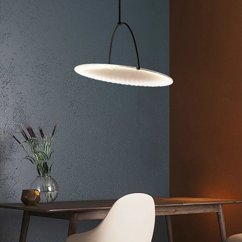 DecorBites Kepler Fabric Pendant Lamp, white fabric disc ceiling light above wooden dining table on Tampa Home & Garden Store