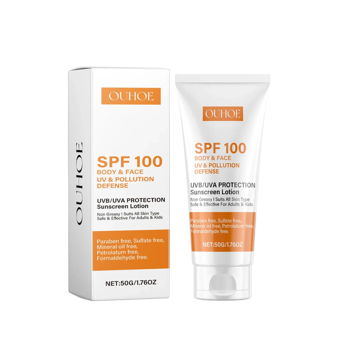 SPF 100 sunscreen lotion by Silcy Skin in white packaging with orange label box and tube on Tampa Home & Garden Store