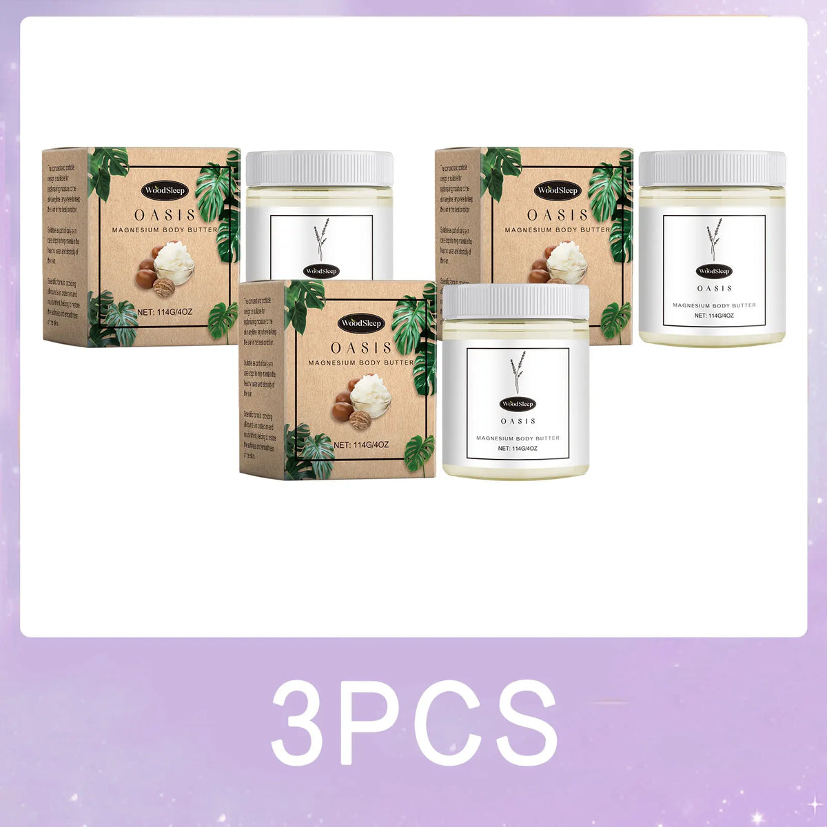 Oasis Magnesium Body Butter jars by WoodSleep 3-pack with coconut kraft boxes 4oz each on Tampa Home & Garden Store