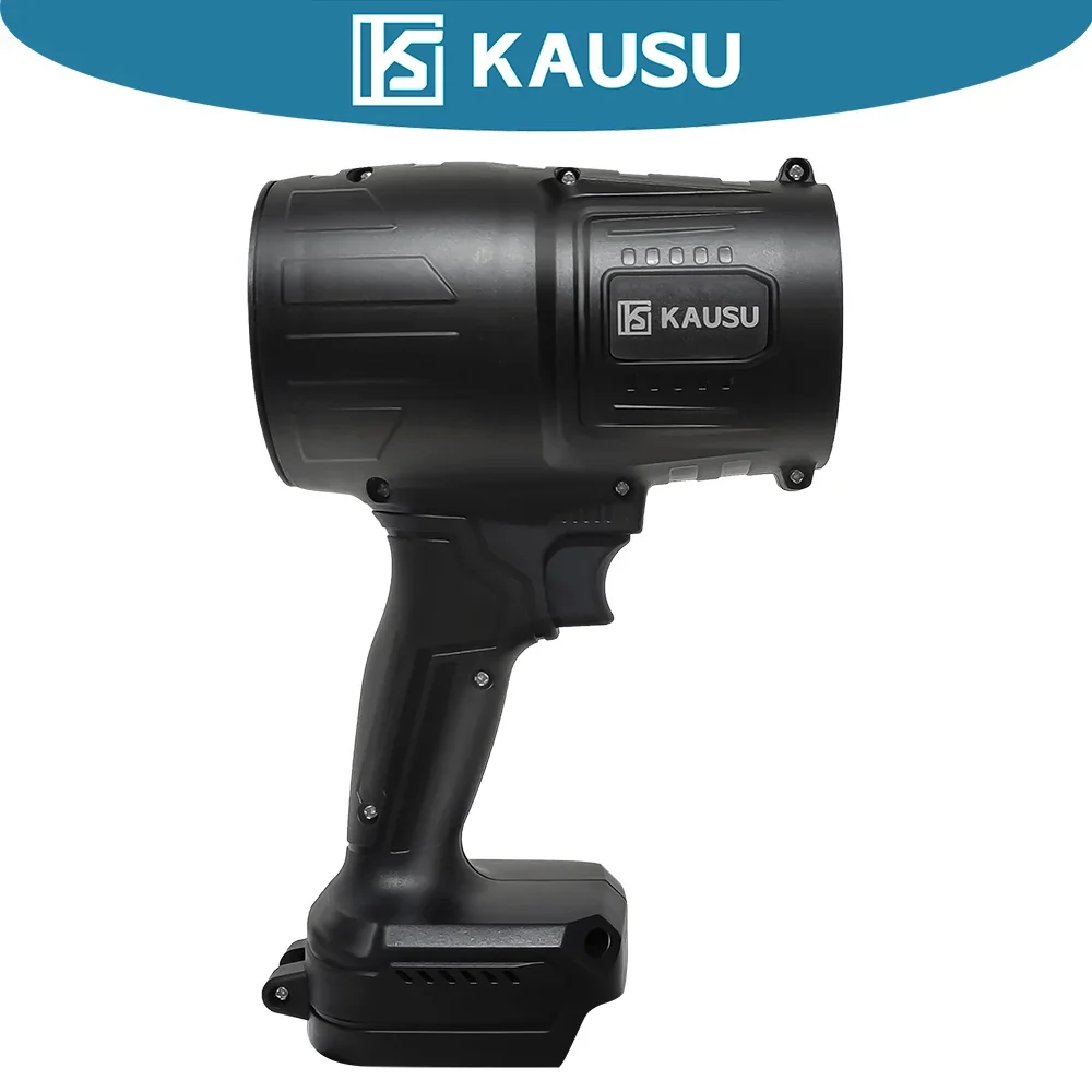 Cordless handheld leaf blower KAUSU with compact black body and battery pack on Tampa Home & Garden Store