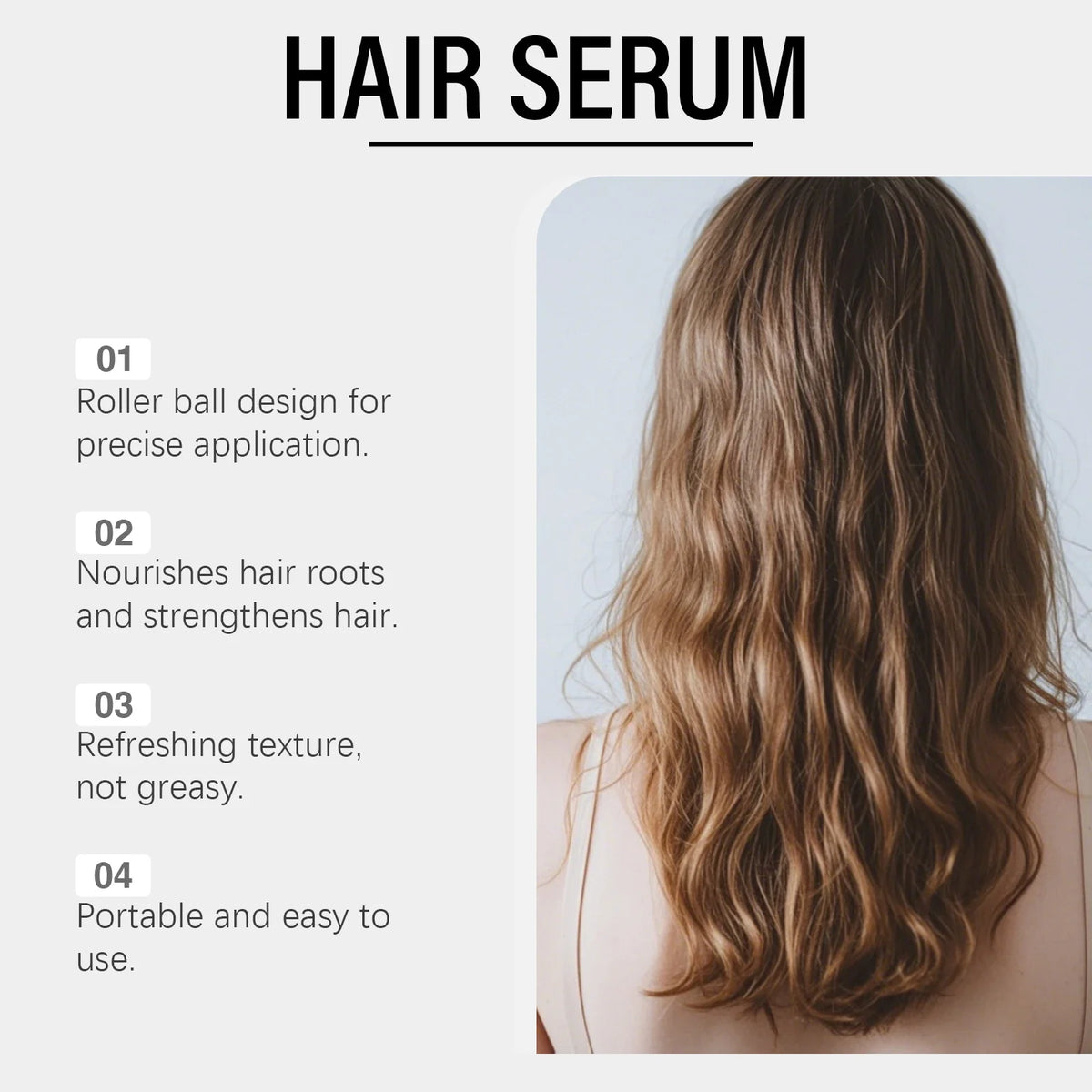 Hair Serum by Silcy Skin with roller ball design for precise application; long wavy brown hair on Tampa Home & Garden Store