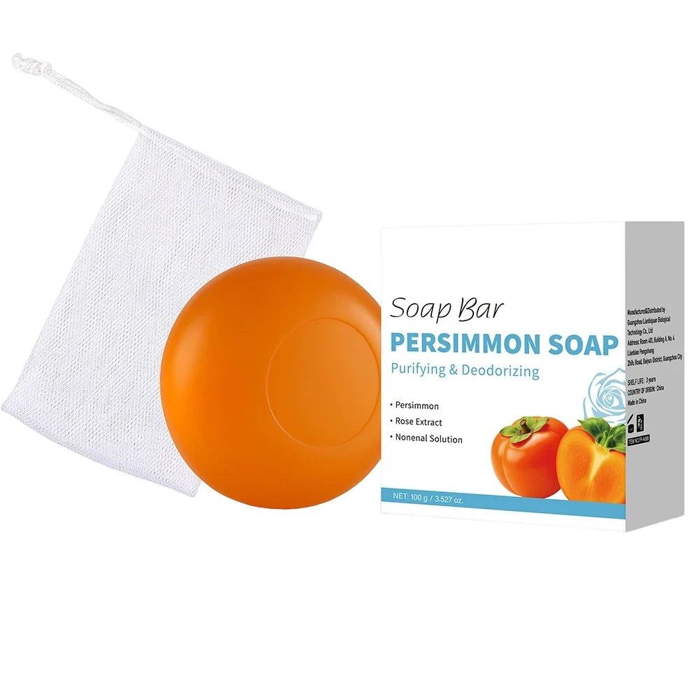 Persimmon Soap Bar by Silcy Skin, orange round soap with white bath pouf and packaging on Tampa Home & Garden Store