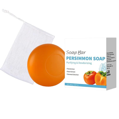 Persimmon Soap Bar by Silcy Skin, orange round soap with white bath pouf and packaging on Tampa Home & Garden Store