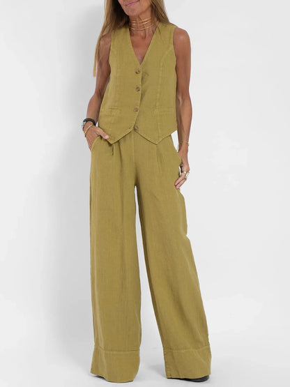 Women's sleeveless vest and pants two-piece set in olive, button-front vest and wide-leg pants on Tampa Home & Garden Store