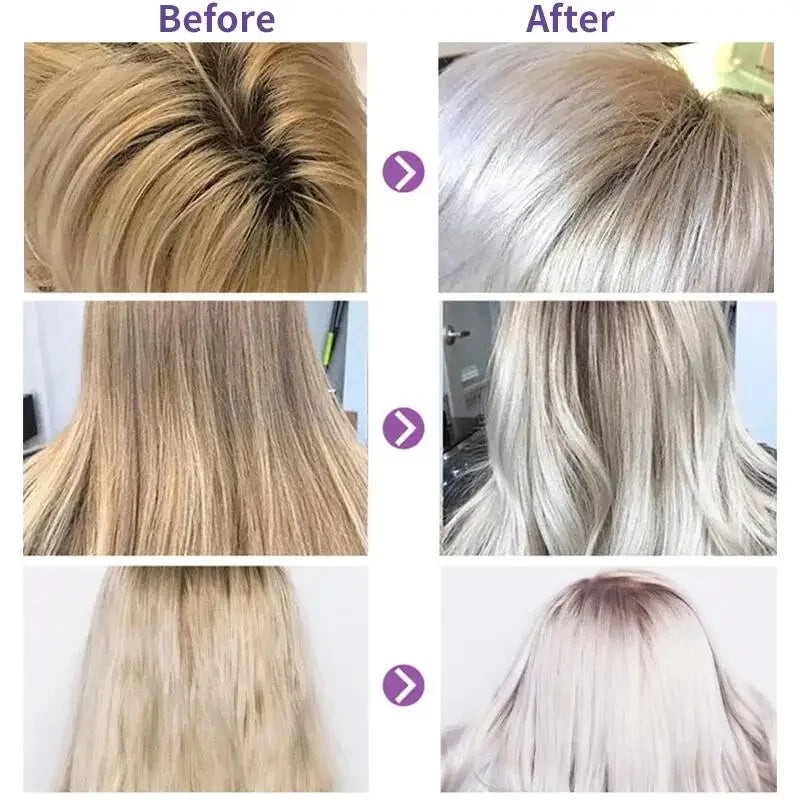 Silcy Skin purple shampoo for blonde; six-image before/after collage shows brass to silver tones on Tampa Home & Garden Store