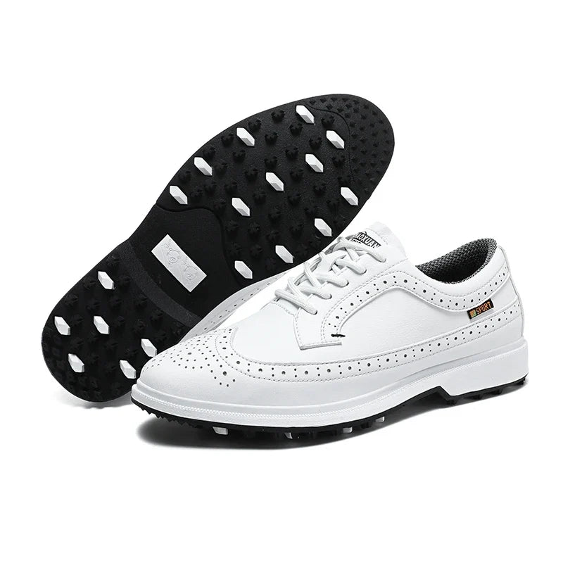 Men's golf shoes white leather breathable trainer with black studded outsole EstaliosFit on Tampa Home & Garden Store