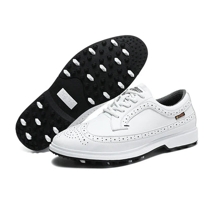 Men's golf shoes white leather breathable trainer with black studded outsole EstaliosFit on Tampa Home & Garden Store