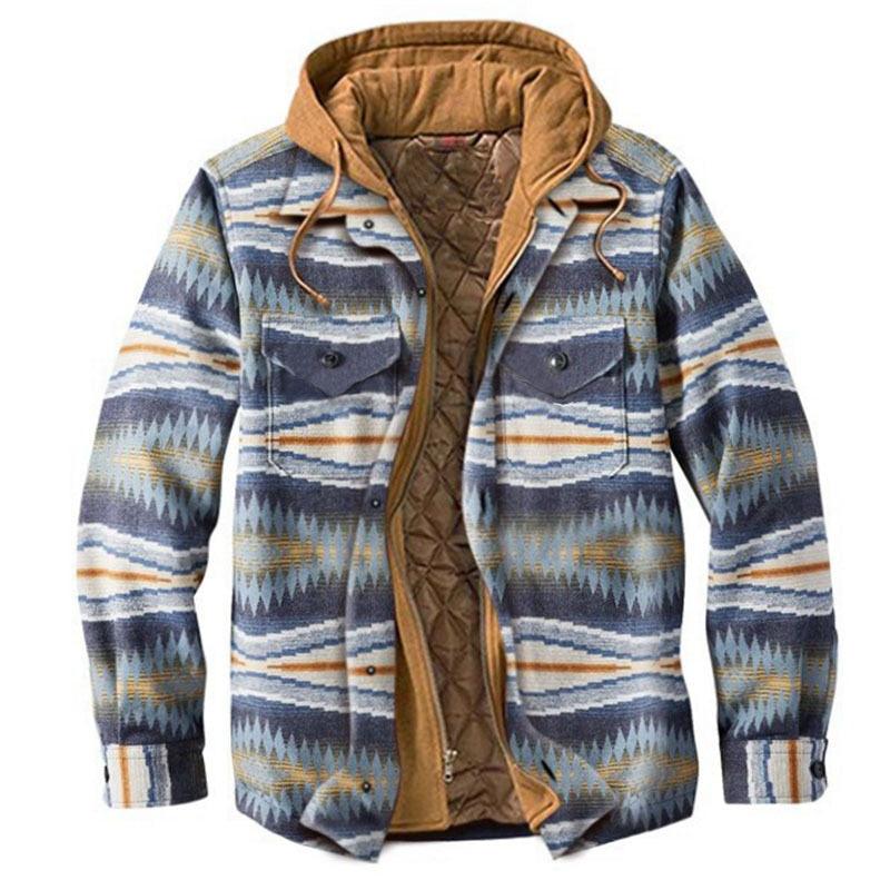 Stevvex men's plaid hooded jacket with brown quilted lining, blue geometric pattern on Tampa Home & Garden Store