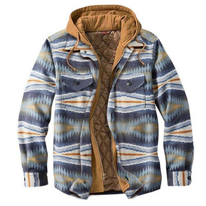 Stevvex men's plaid hooded jacket with brown quilted lining, blue geometric pattern on Tampa Home & Garden Store