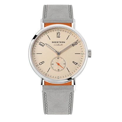 Men's ultra-thin automatic dress watch beige dial, stainless steel case, gray strap UpTrend Deals on Tampa Home & Garden Store