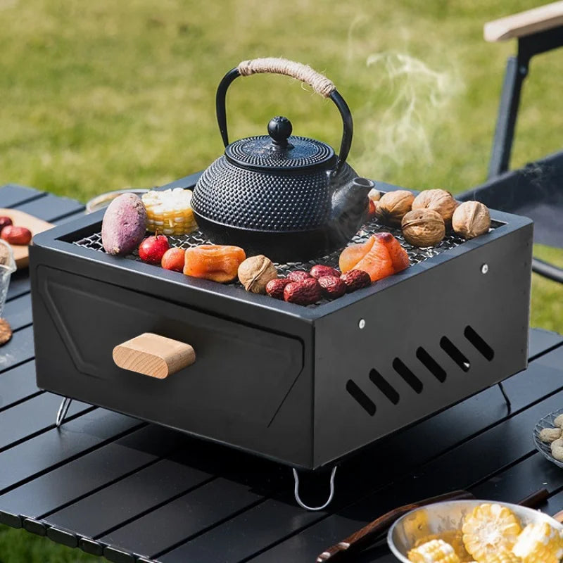 Camping Courtyard BBQ Grill portable charcoal rack black metal with wooden drawer knob on Tampa Home & Garden Store