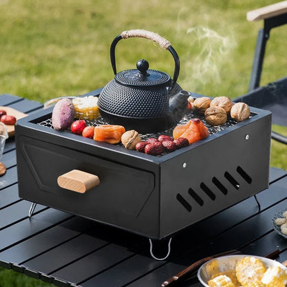 Camping Courtyard BBQ Grill portable charcoal rack black metal with wooden drawer knob on Tampa Home & Garden Store