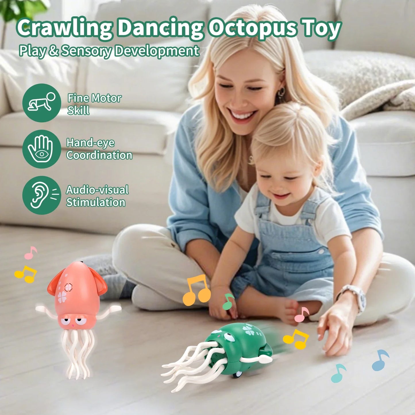 Perfecsy two-squid toy set pink and green, with light and music for toddler tummy time play on Tampa Home & Garden Store