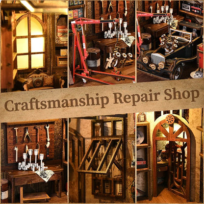 Master Mechanic Workshop miniature DIY kit display with workbench, gears and tools decor on Tampa Home & Garden Store