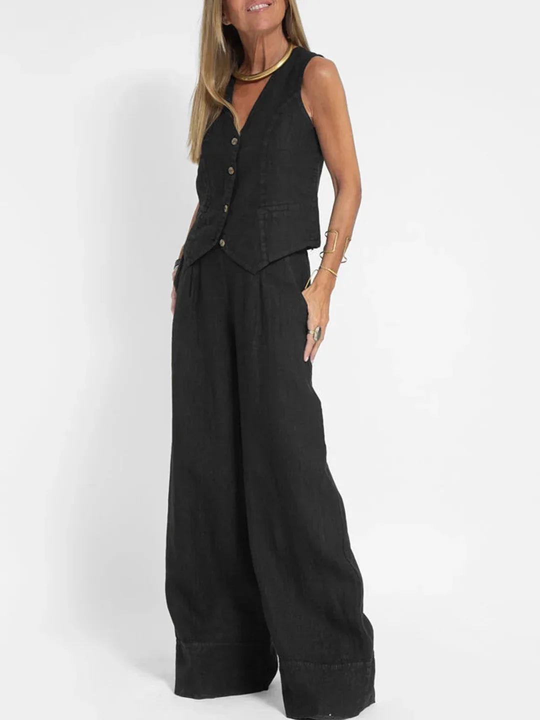 Women's sleeveless vest and pants set, black two-piece suit by UpTrend Deals, wide-leg pants on Tampa Home & Garden Store