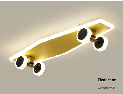 DecorBites Kids Skateboard LED Light, skateboard-shaped fixture with white LED wheels on Tampa Home & Garden Store
