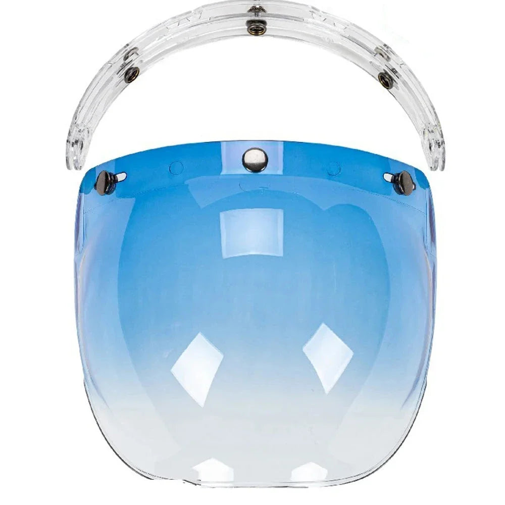 Retro Bubble Shield Visor by BikerZoneZ blue gradient tint and three-buckle design on Tampa Home & Garden Store