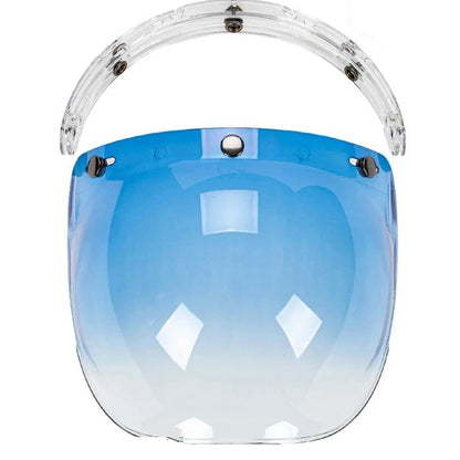 Retro Bubble Shield Visor by BikerZoneZ blue gradient tint and three-buckle design on Tampa Home & Garden Store