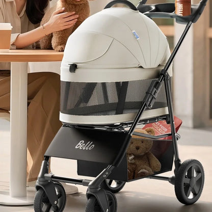 Pet Zen Bello dog stroller for small to med dogs, beige canopy, mesh panel, 4-wheel black frame on Tampa Home & Garden Store