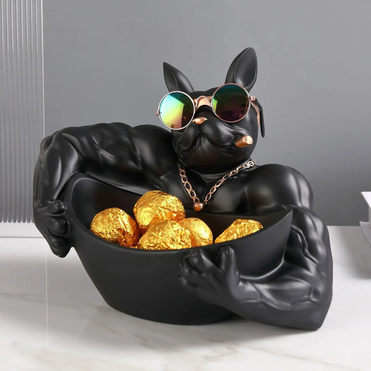 Perfecsy resin black dog figurine storage box with sunglasses & gold chain, bowl of gold spheres on Tampa Home & Garden Store