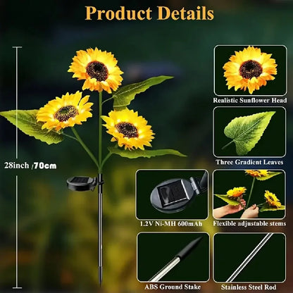 3-head sunflower solar LED stake with warm white light by Perfecsy ABS stake for garden décor on Tampa Home & Garden Store