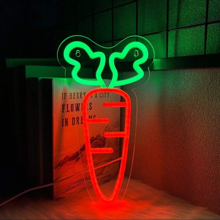Perfecsy carrot LED neon sign with green leaves and red carrot body, USB powered decor on Tampa Home & Garden Store