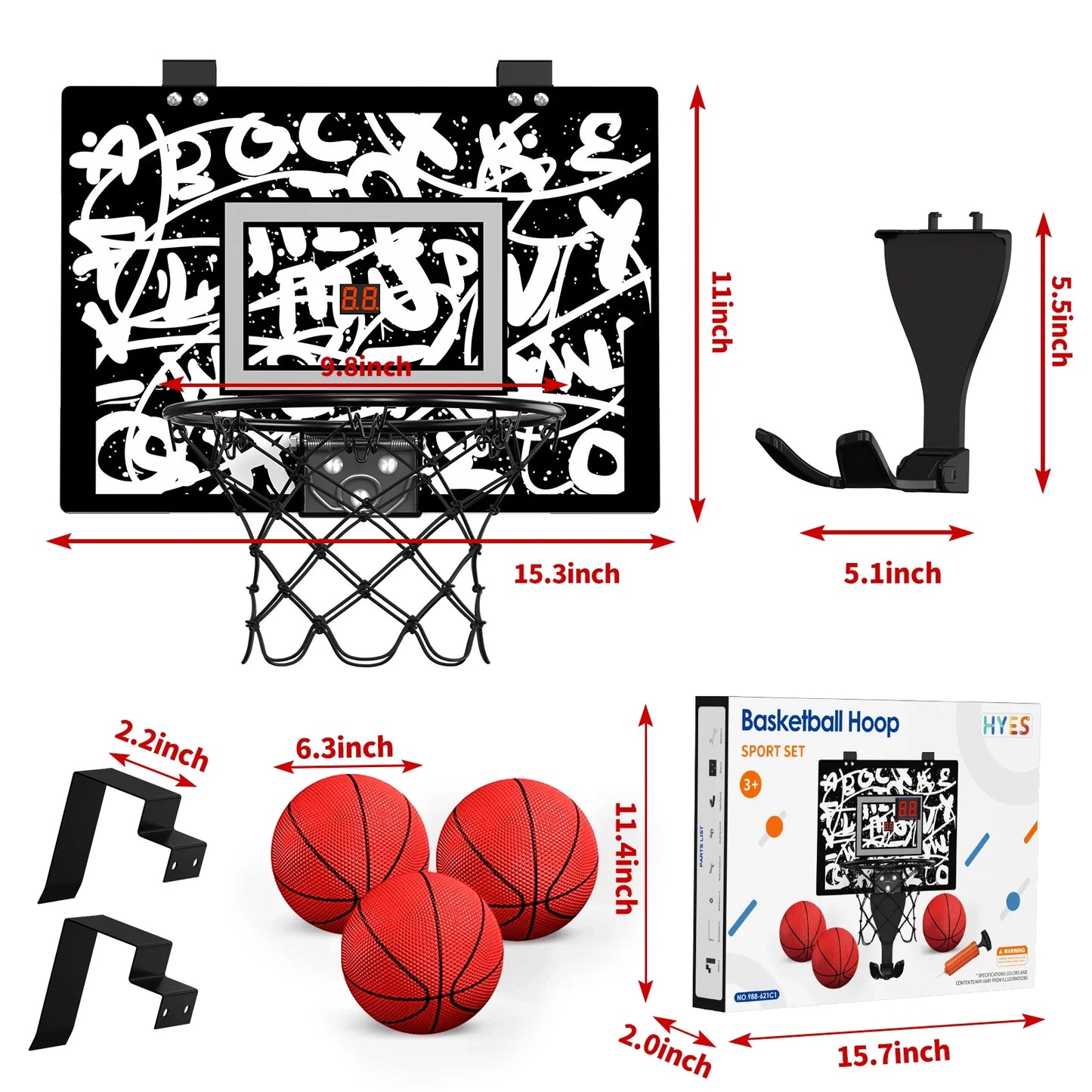 Basketball hoop set with graffiti backboard and wall frame, includes 3 red basketballs on Tampa Home & Garden Store