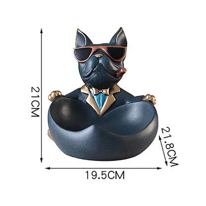 Dog figurine storage box in black resin with tuxedo, blue tie and sunglasses on Tampa Home & Garden Store