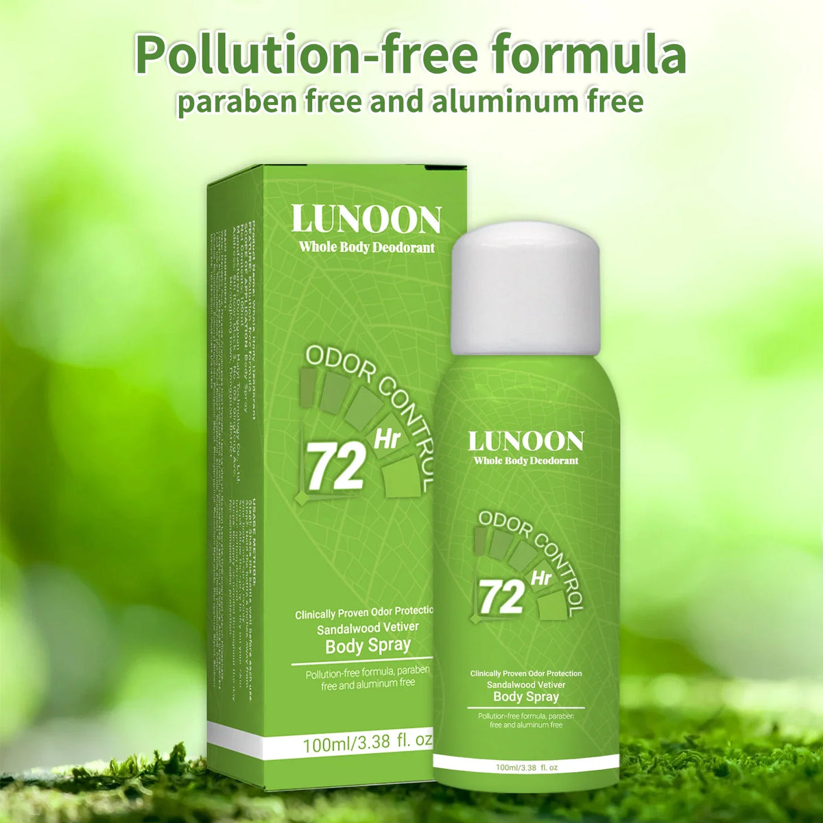 LUNOON Whole Body Deodorant Spray 100ml green box and bottle, 72 Hr odor control vetiver on Tampa Home & Garden Store