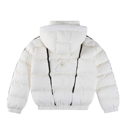 White women's hooded puffer jacket, thick padded coat with black trim, UpTrend Deals on Tampa Home & Garden Store