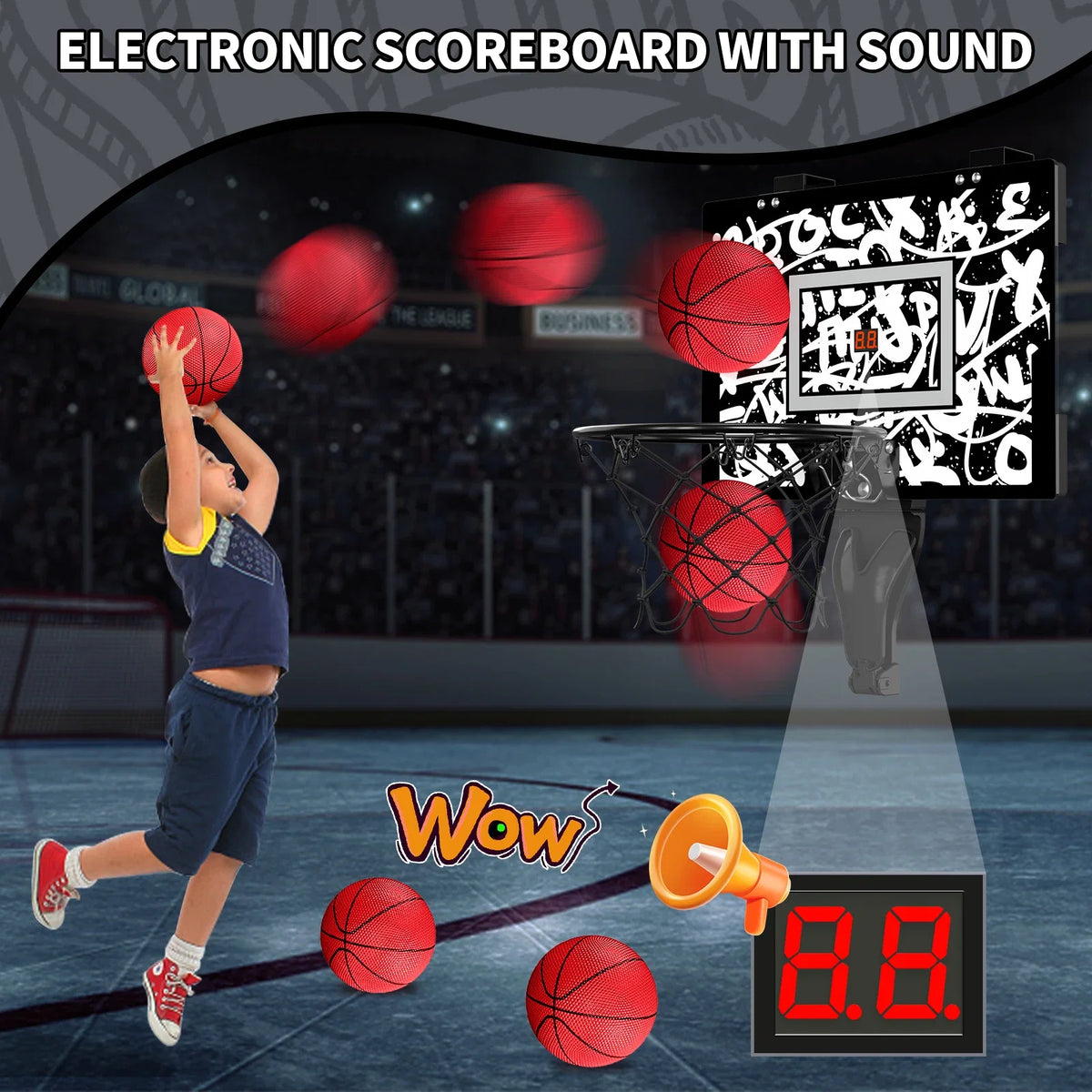 Kids mini basketball hoop by FLIPSTYLEZLLC with electronic scoreboard and graffiti backboard shooting on Tampa Home & Garden Store