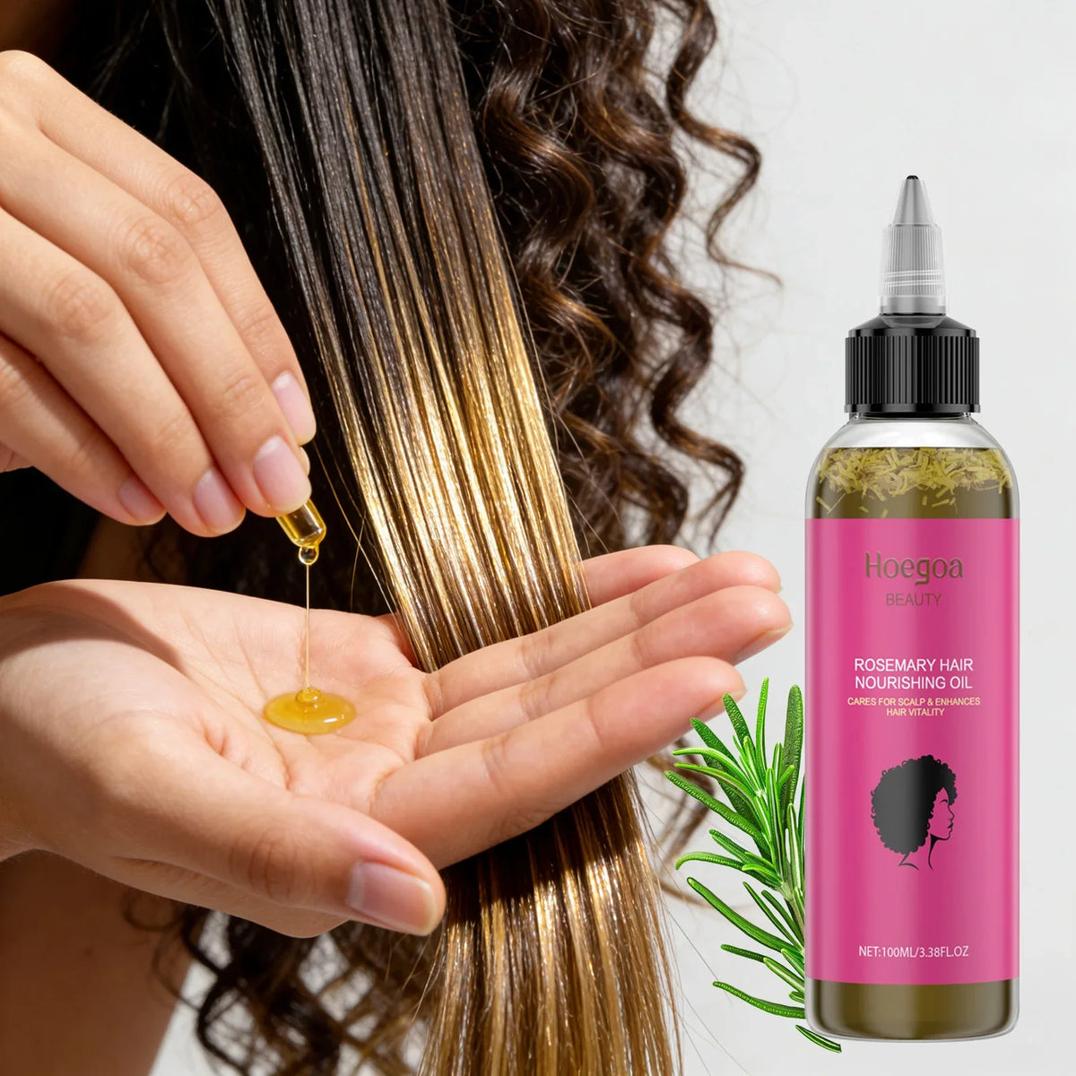Rosemary hair oil for growth and scalp care in pink Hoegoa Beauty bottle by Silcy Skin on Tampa Home & Garden Store
