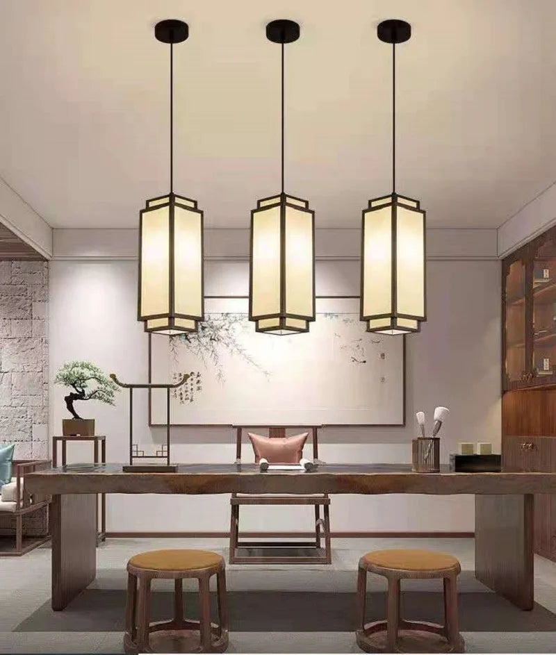 Perfecsy three rectangular fabric pendant lights with black frames for dining room on Tampa Home & Garden Store
