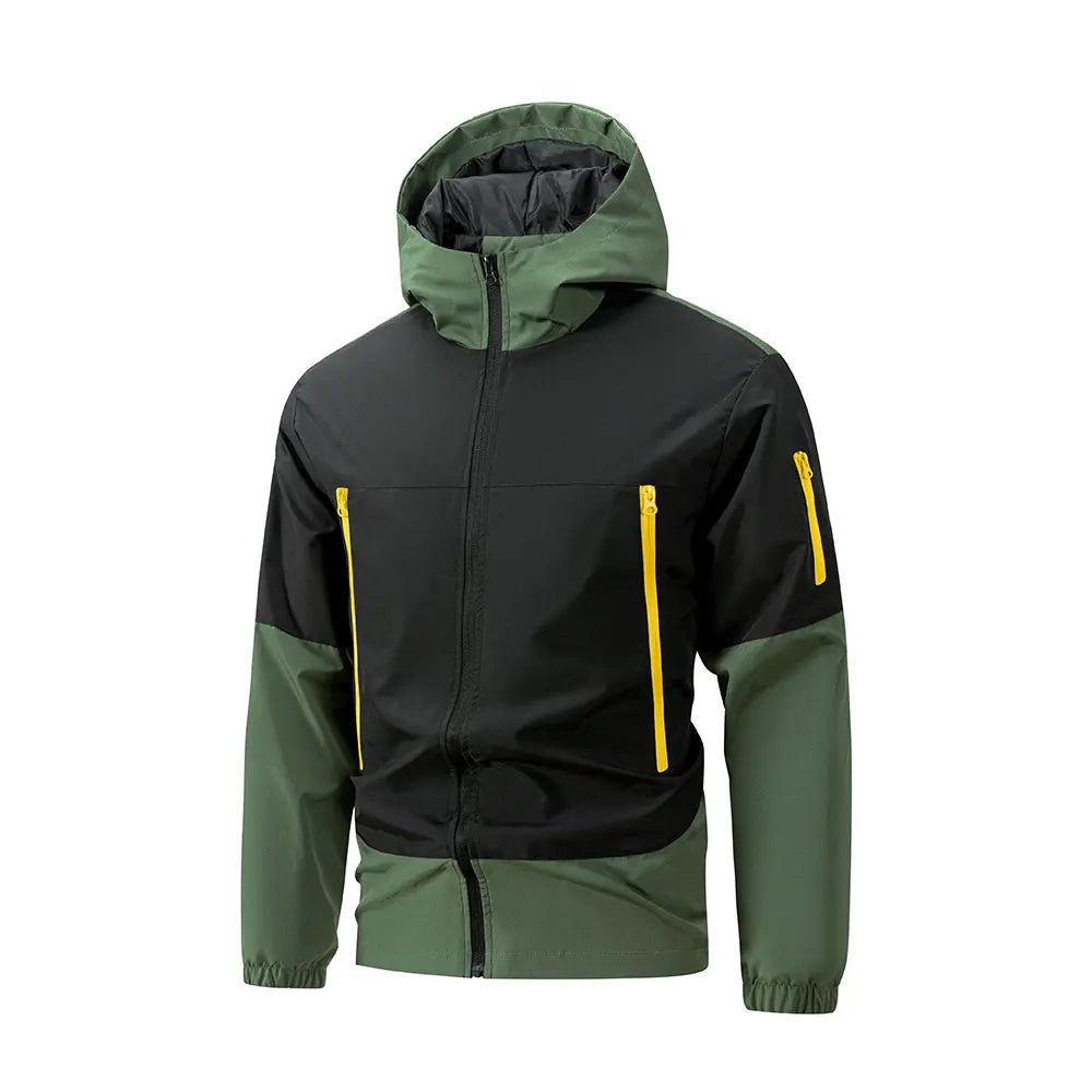 Men's windproof hooded jacket in black with green sleeves and yellow zippers on Tampa Home & Garden Store