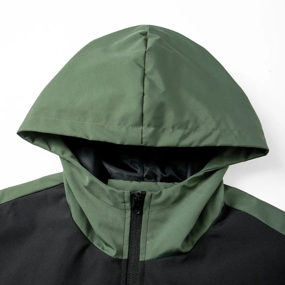 Hooded windproof jacket with green hood and black body, front zip UpTrend Deals on Tampa Home & Garden Store
